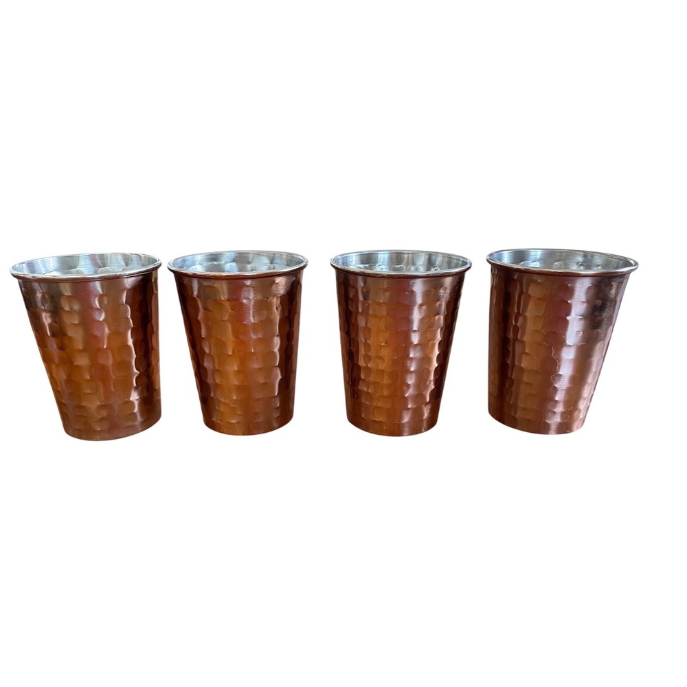 Set of 4 Hammered Copper Stainless Steel Lined‎ Tumblers 4 Inch Cups Barware